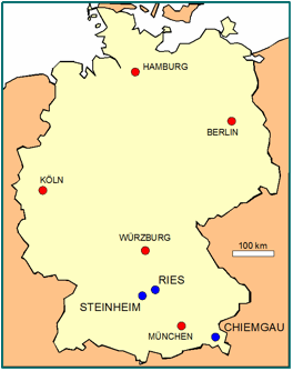 location map for the German impact sites Ries crater, Steinheim basin, Chiemgau impact strewn field