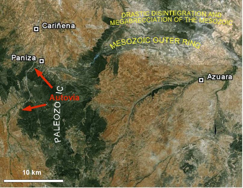 Google Earth map of the Autovía Mudéjar in the rim zone of the Azuara impact structure