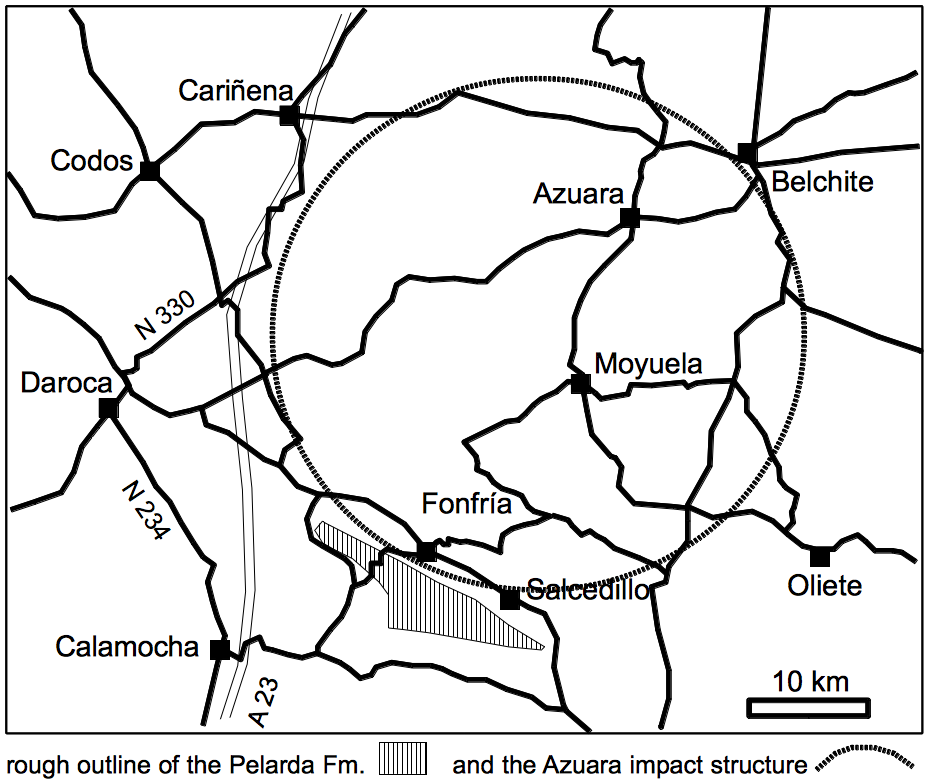 location map of the Pelarda formation ejecta deposit, Azuara impact structure