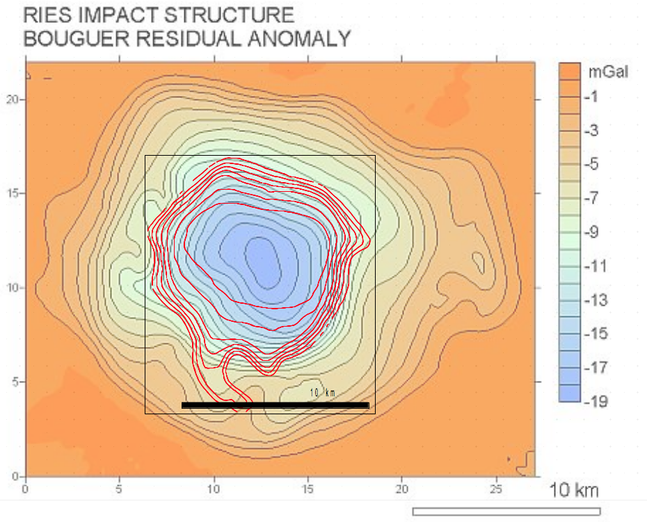 plot of isoohm map over gravity residual anomaly, Ries impact crater