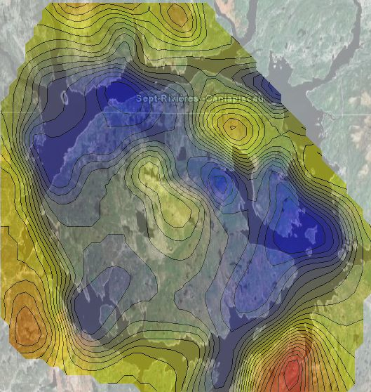 gravity contours over Google Earth imagery, Manicouagan impact structure