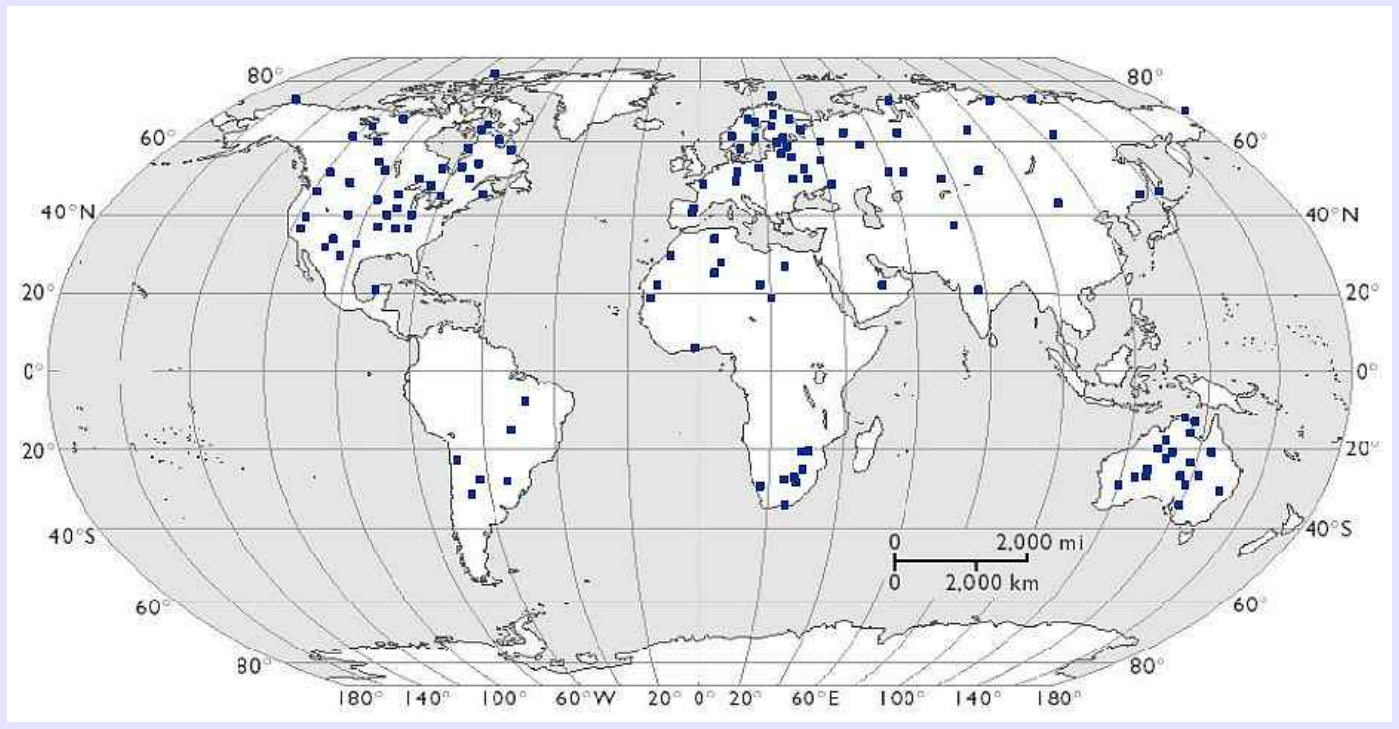 world map of important impact structures, impact database