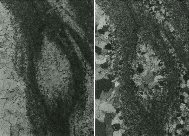 megabreccia Azuara impact structure, megabreccia, cataclastic flow, photomicrograph, Belchite
