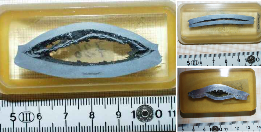 shocked armco iron specimens exhibiting widely open tensile fissures