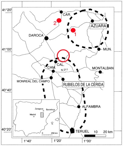 location map Azuara Rubielos de la Cérida impact structures Spain