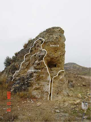 Azuara impact structure Jaulín impact breccia contact Jurassic limestone detail