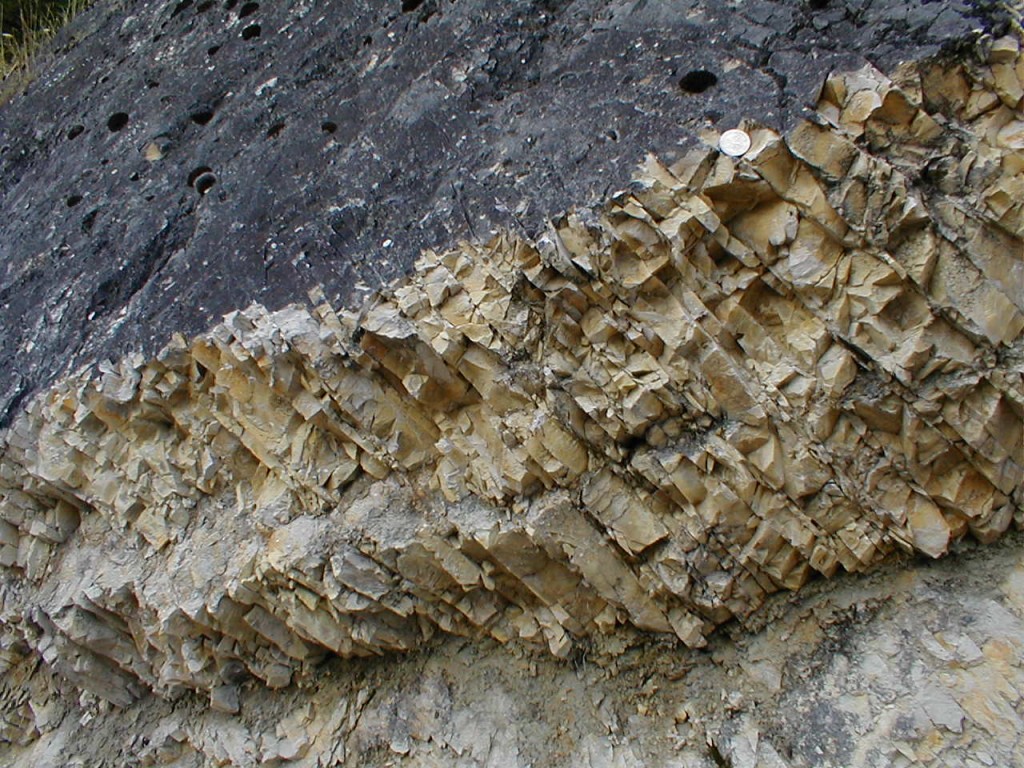 Ries impact crater, inverted Malman limestone block, crater rim at Gosheim, detail of platy jointing