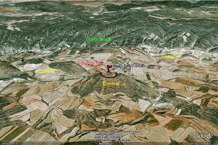 Google Earth, Azuara impact, Pelarda formation, deposit at Ermita de San Roque 
