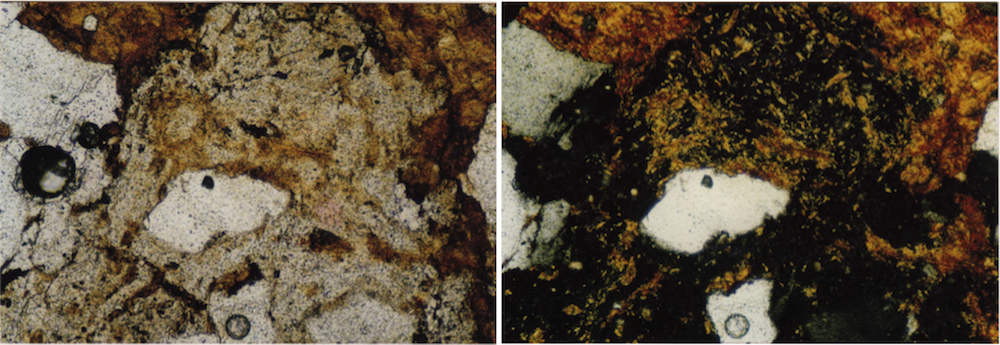 photomicrograph of impact melt glass, in part recrystallized, strongly shocked polymictic breccia, Azuara impact structure