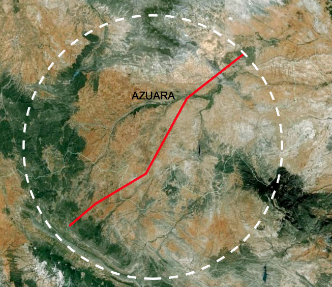 Google Earth satellite imagery of the Azuara impact structure, profile for geomagnetics and gravity