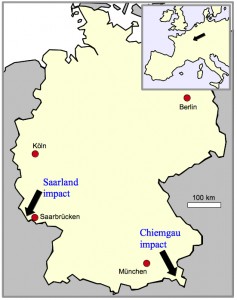 Saarland impact and Chiemgau impact locations on the map of Germany