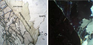 photomicrograph diaplectic mice (muscovite) and feldspar glass Chiemgau impact