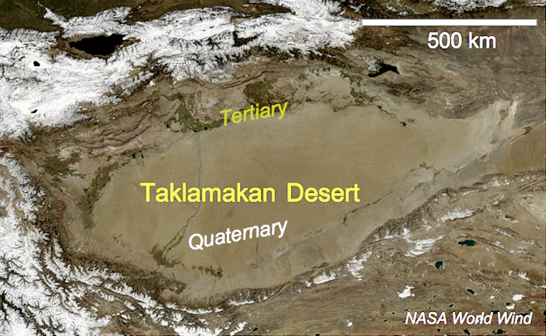Taklamakan Desert basin and sketch geology 